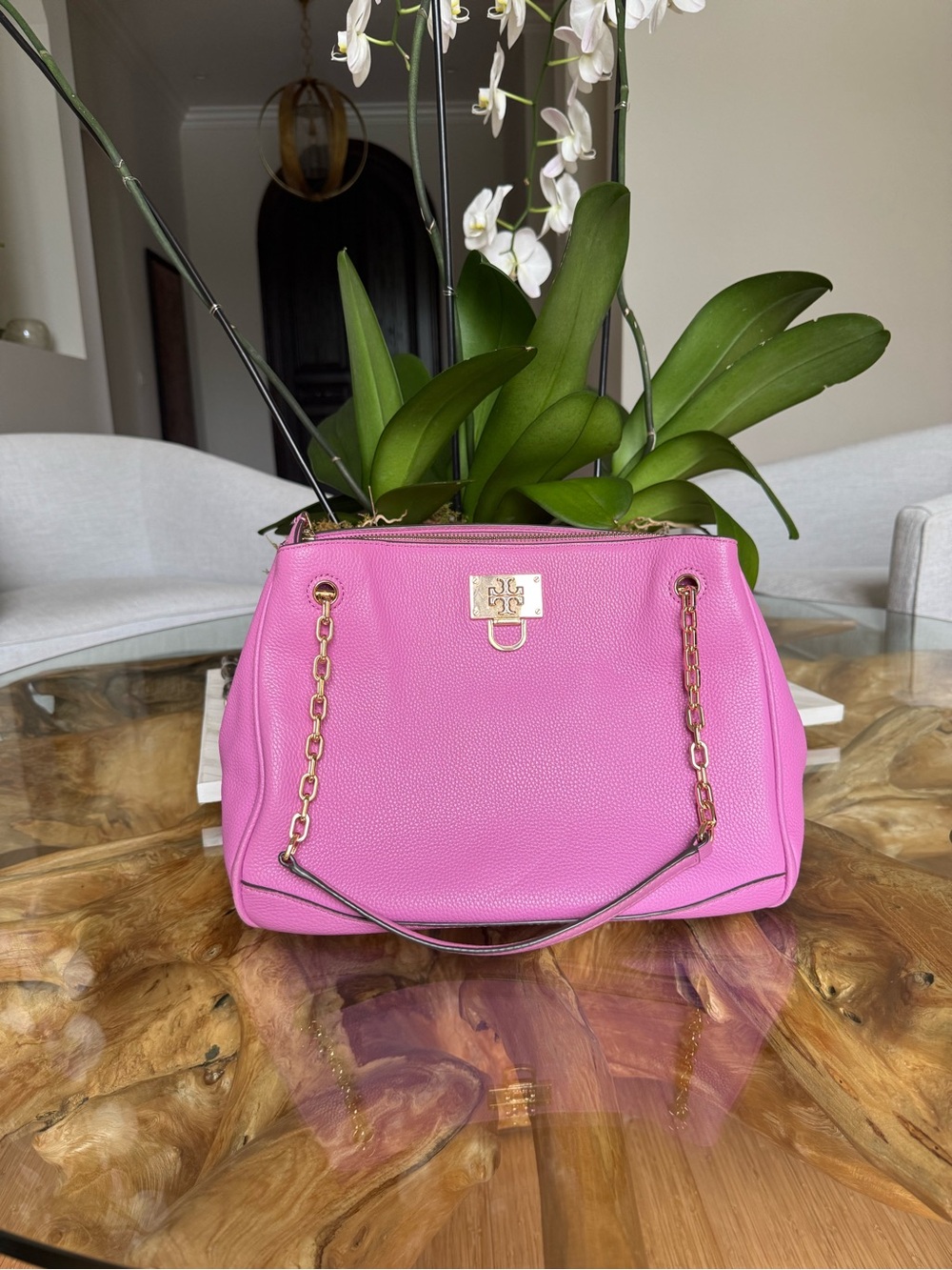 Tory Burch Hot Pink Pebbled Leather Shoulder Bag with Gold Chain